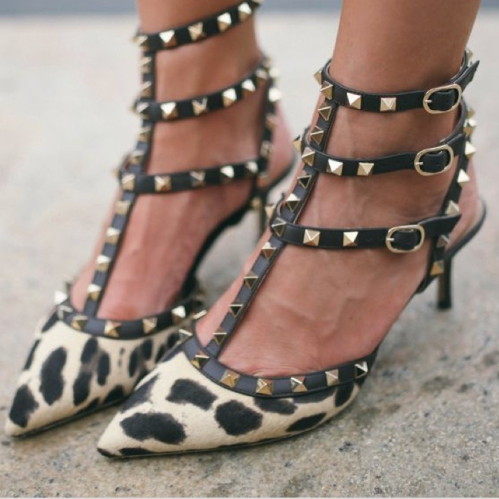 Valentino rockstud leopard t-strap pump